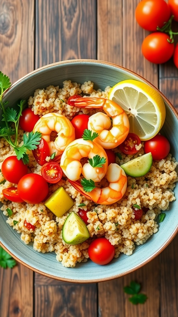 A colorful quinoa bowl with shrimp, cherry tomatoes, cucumber, and parsley, garnished with lemon on a wooden table.
